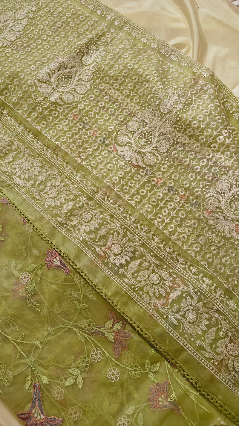 Parrot Thread Work Organza Saree