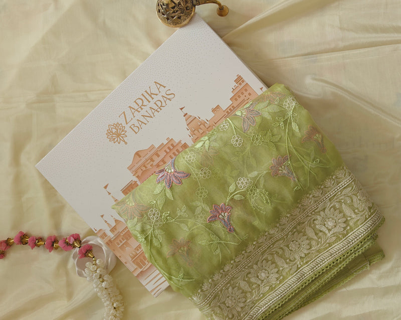 Parrot Thread Work Organza Saree