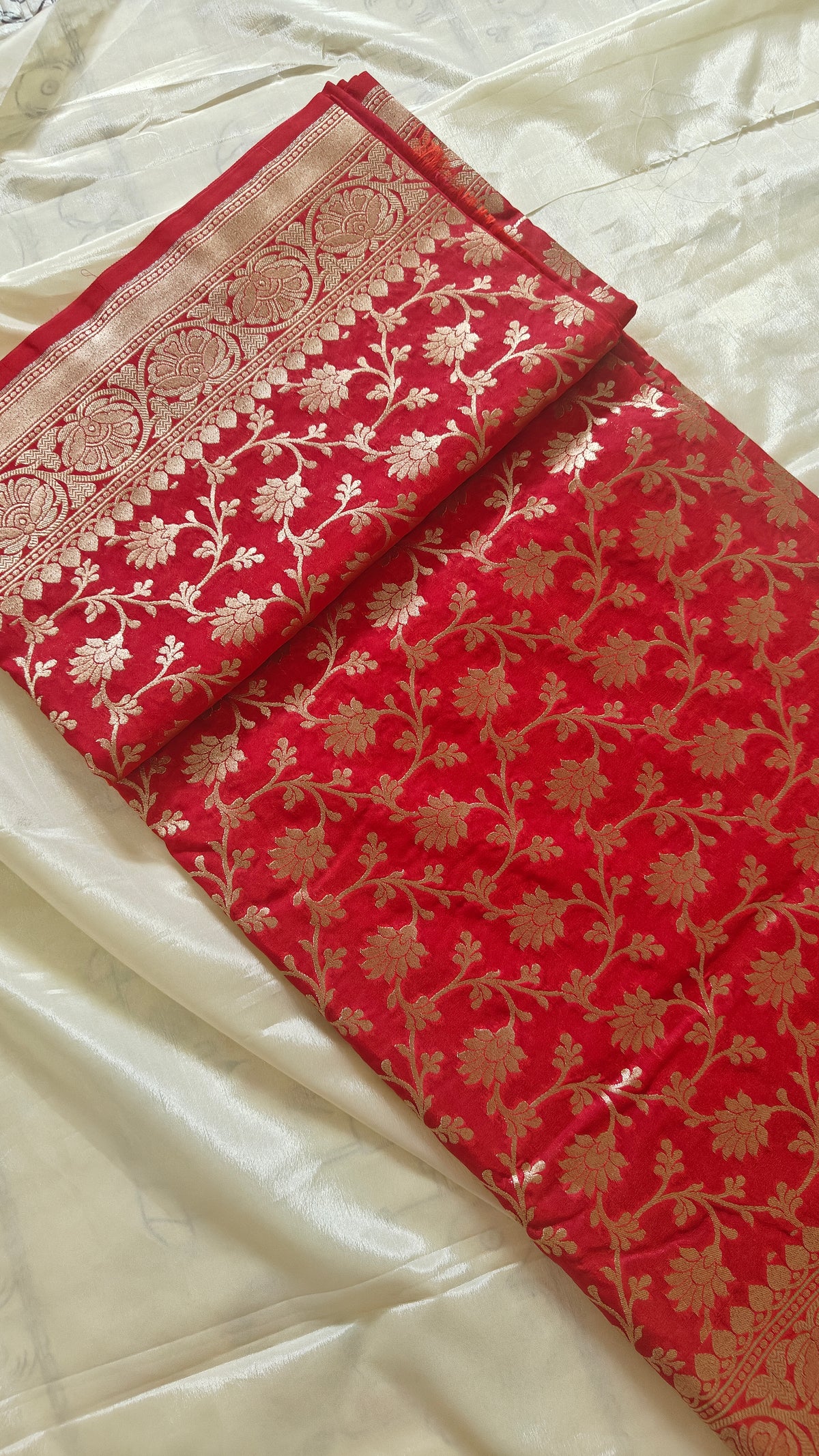 Red Saree with Golden Zari Jaal Work