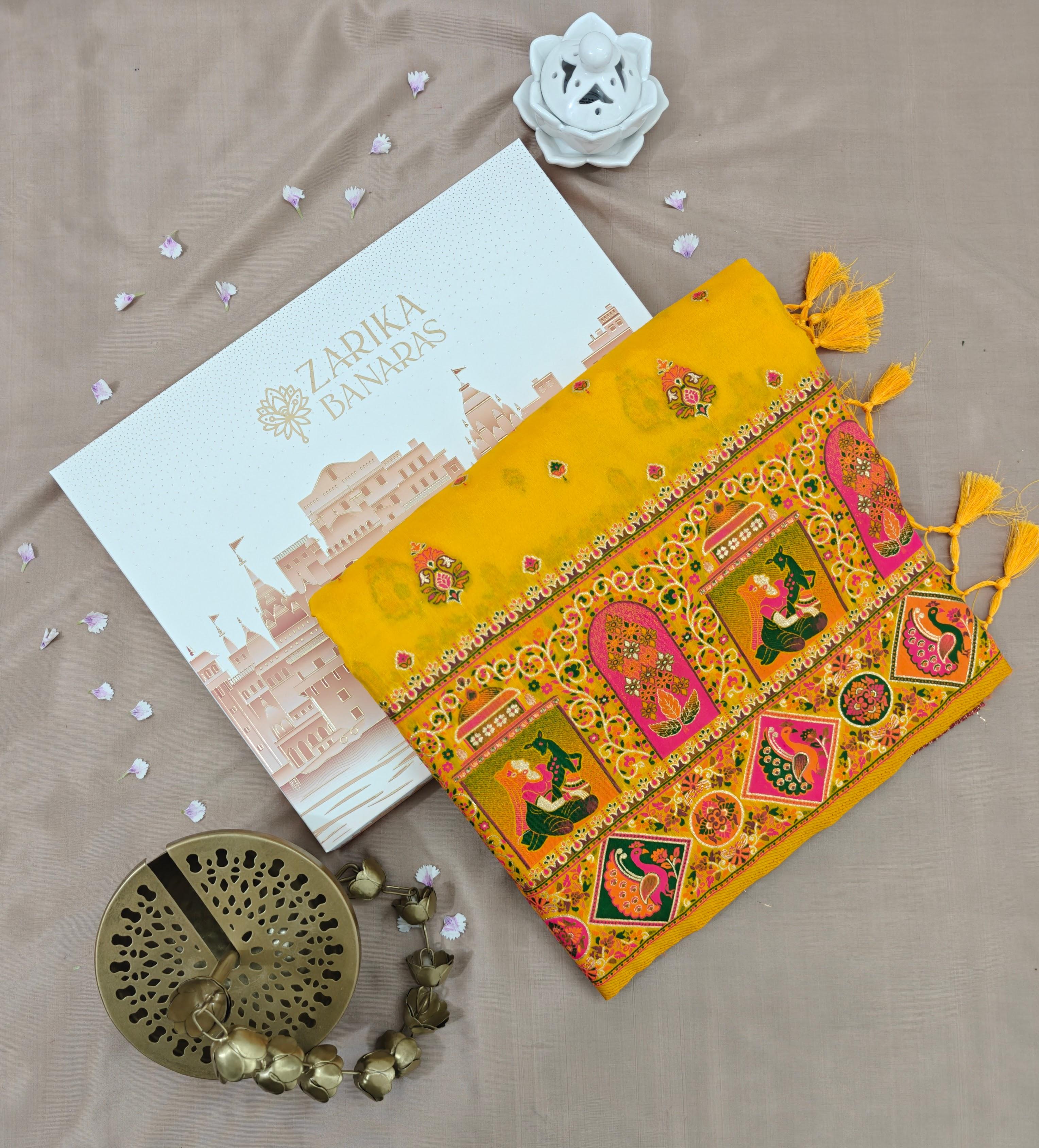 Mango Yellow Pashmina Saree with Multicolor Resham Work