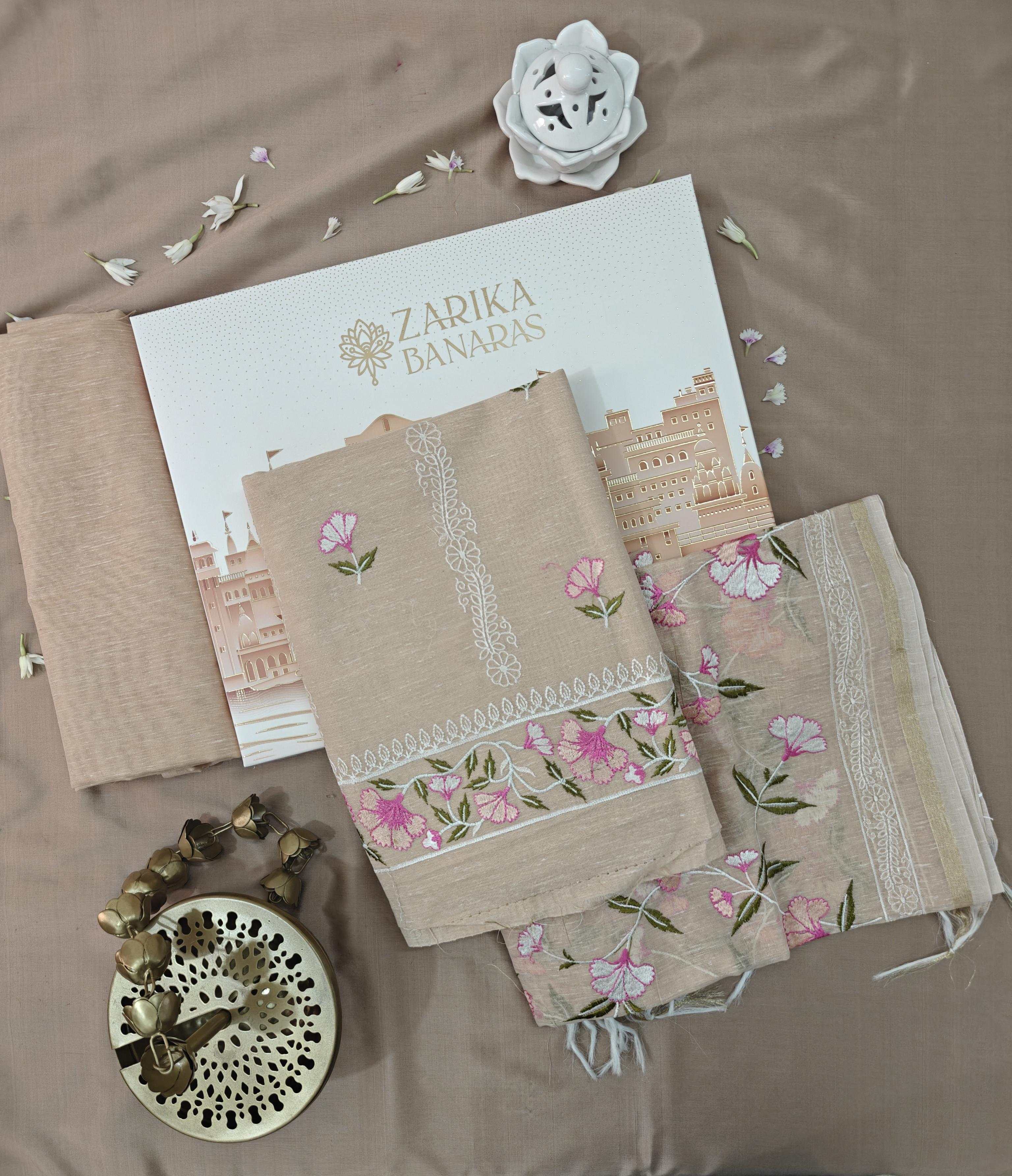 Cream Linen Suit with All-Over Thread Embroidery