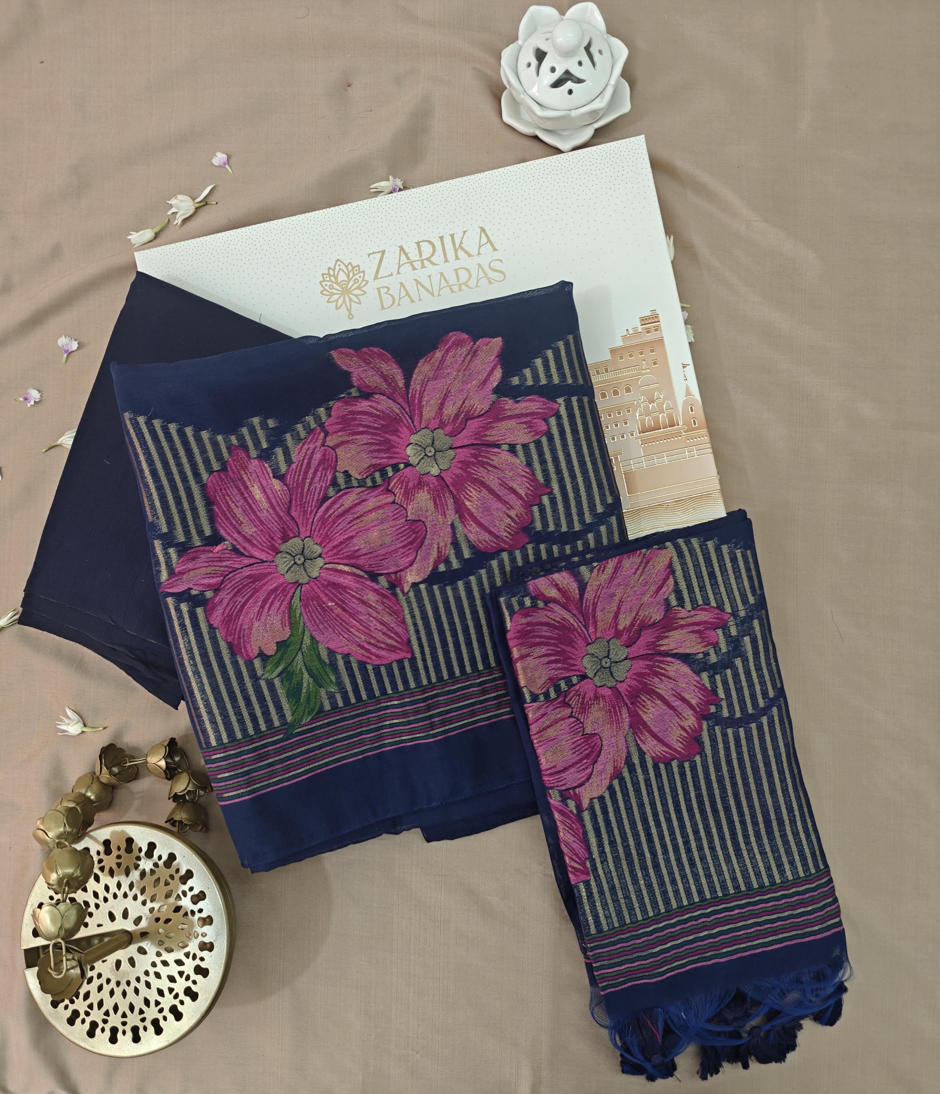 Royal Blue Linen 3-Piece Suit with Floral Motifs & Zari Work