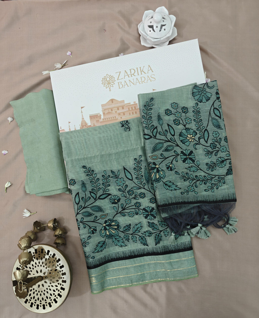 Sea Green Linen 3-Piece Suit with Thread Woven Floral Work