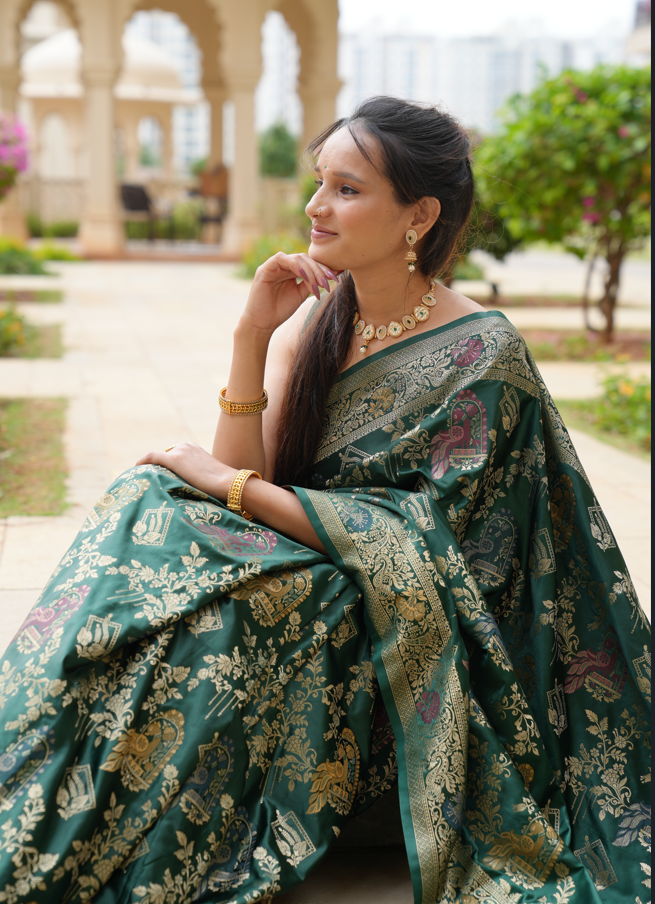 Dark Green Banarasi Silk Saree with Peacock Jaal Work