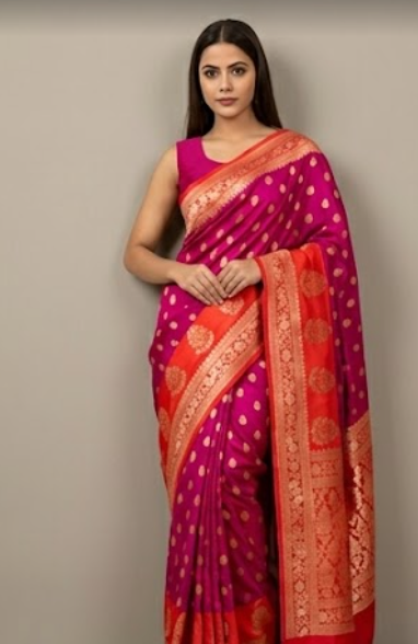 Orange & magenta pink Banarasi Silk Saree with Booti Work & Elegant Border