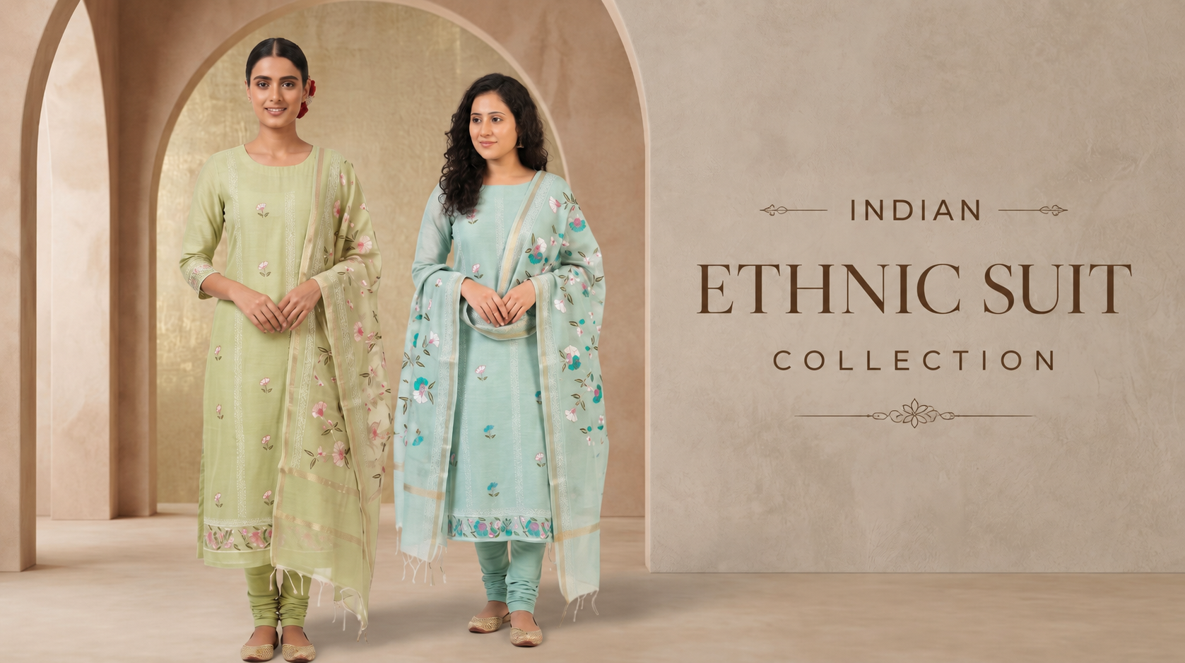 Two women in Indian ethnic suits standing in a decorative archway with 'Indian Ethnic Suit Collection' text.