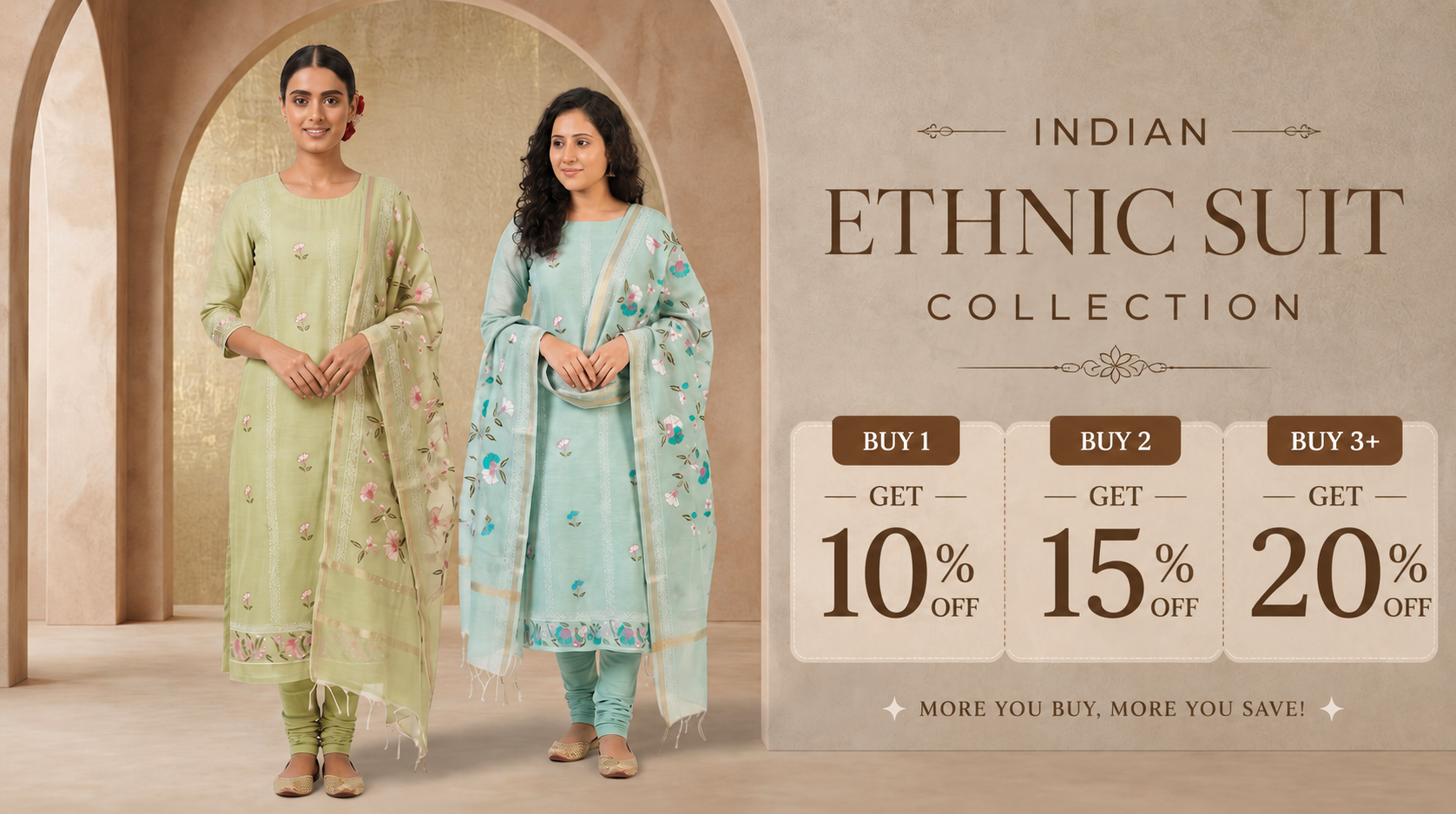 Two women in Indian ethnic suits with a promotional banner for a sale.