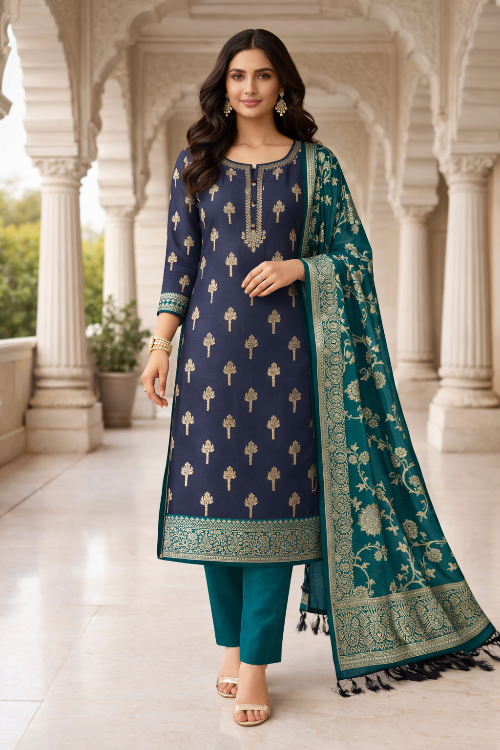 Dark Grey & Green Contrast Silk 3-Piece Suit Set