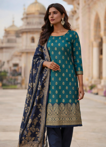 Royal Blue & Dark Green Contrast Silk Suit with Dupatta