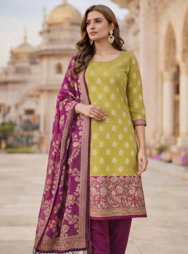 Golden & Pink Contrast Silk 3-Piece Suit with Banarasi Dupatta