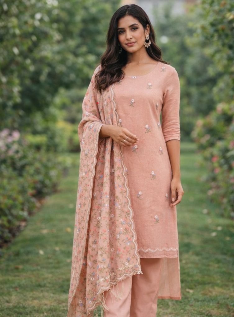 Peach Linen Suit with Floral Embroidery Dupatta