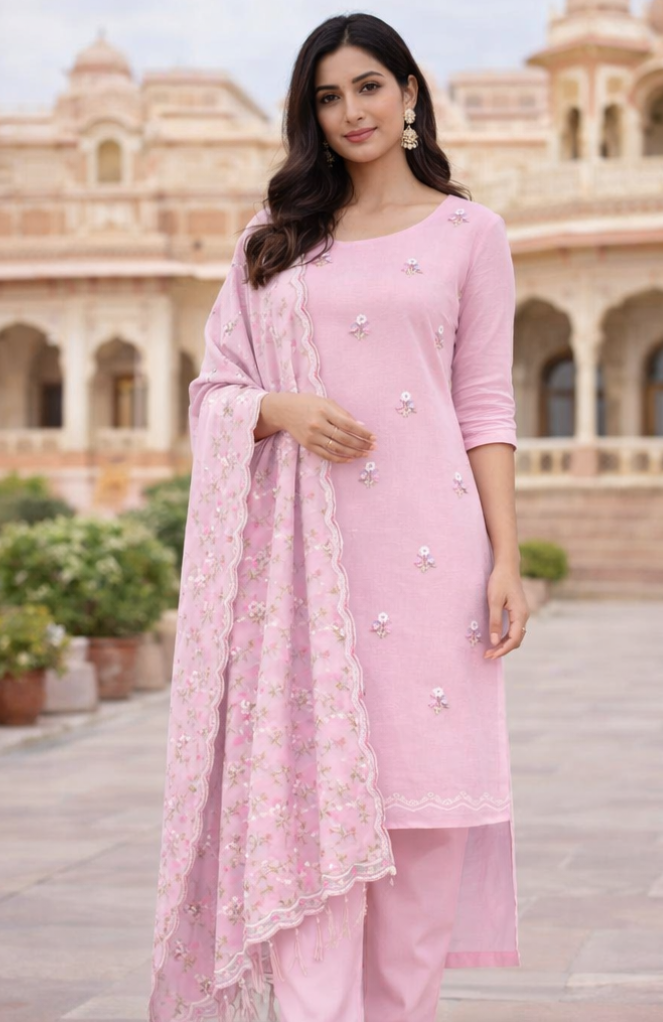 Pink Linen Suit with Floral Embroidery Dupatta