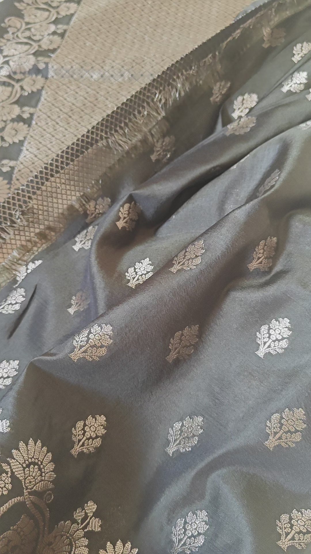Dark Olive Banarasi Silk Saree with All-Over Booti & Unique Running Border