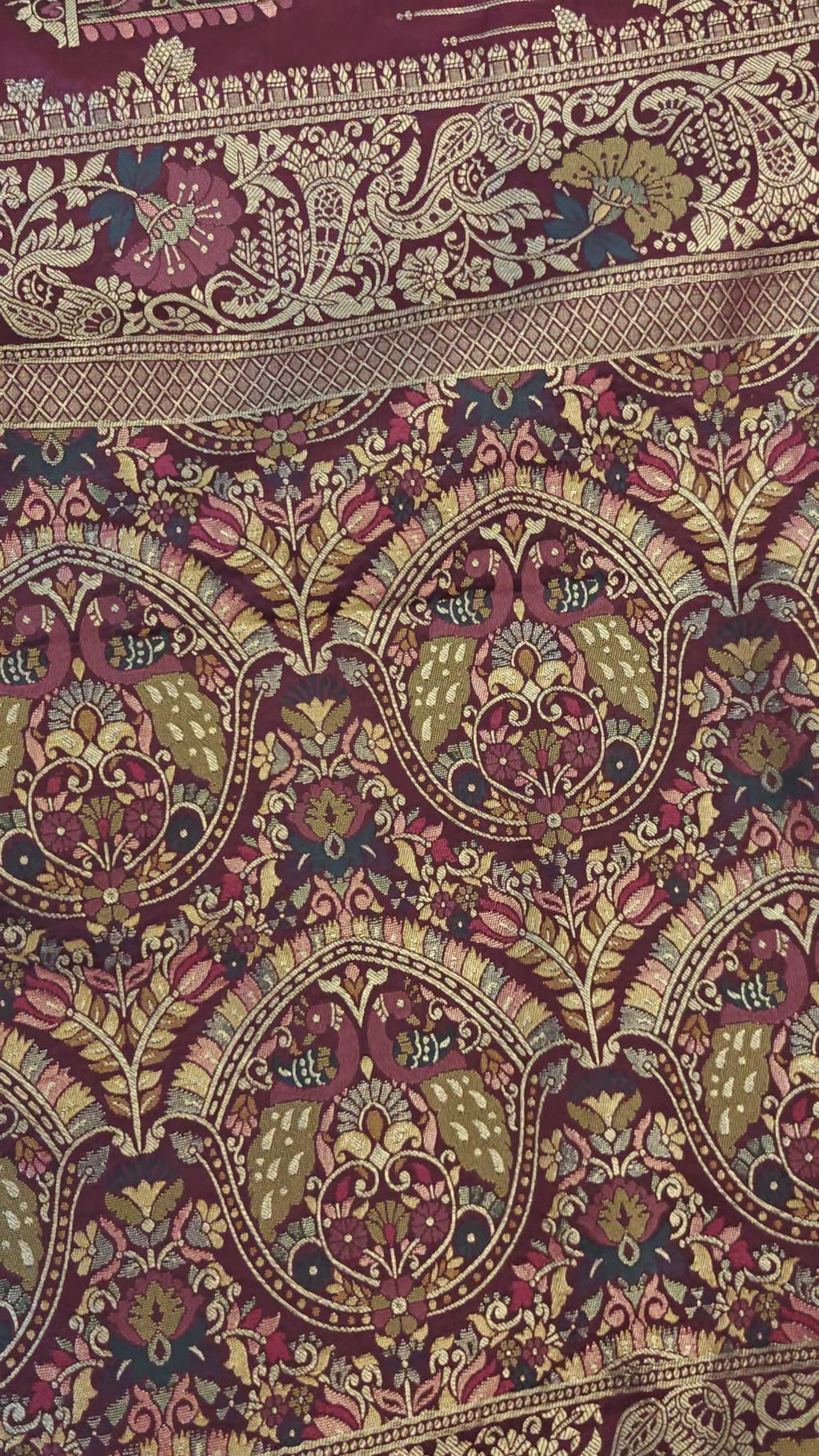 Wine Banarasi Silk Saree with Birds Jaal Work