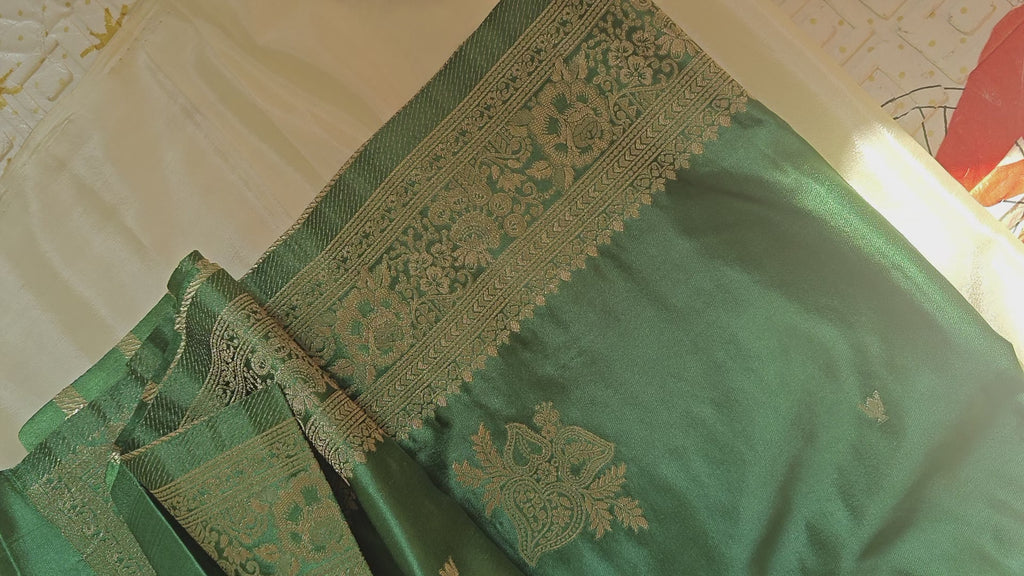 Dark Green Banarasi Silk Saree with Booti Work