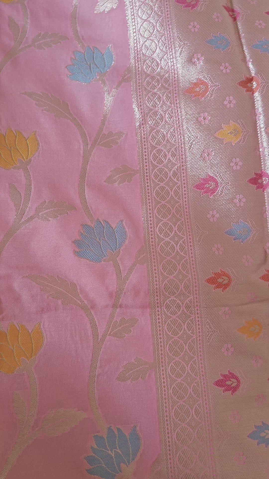 Pastel Pink Cotton Saree with Lotus Meenakari