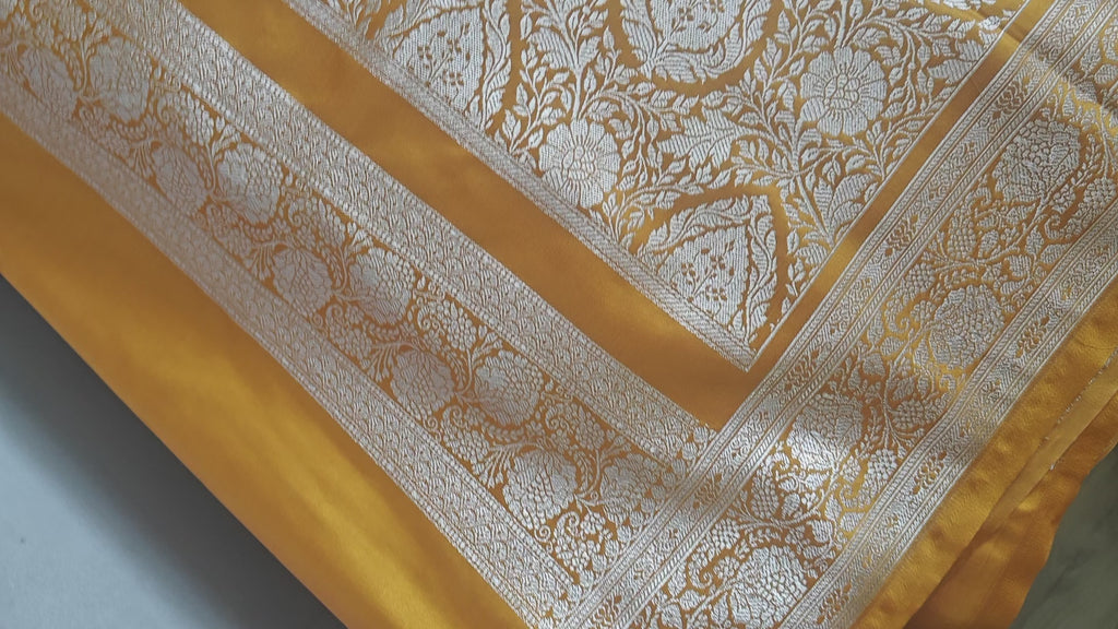 Royal Mustard Silk Saree with Silver Meenakari Booti & Rich Pallu