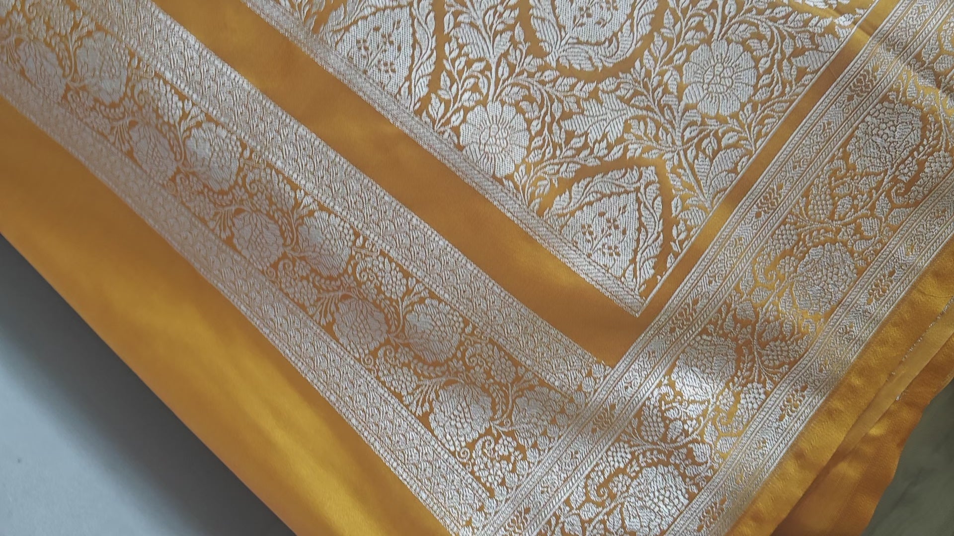 Royal Mustard Silk Saree with Silver Meenakari Booti & Rich Pallu