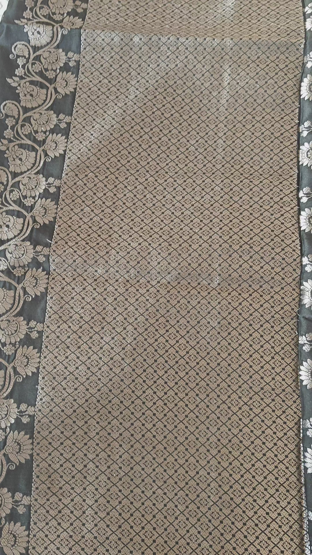 Dark Olive Banarasi Silk Saree with All-Over Booti & Unique Running Border