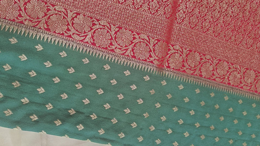 Green & Red Georgette Saree with Booti Work – Classic Banarasi Design