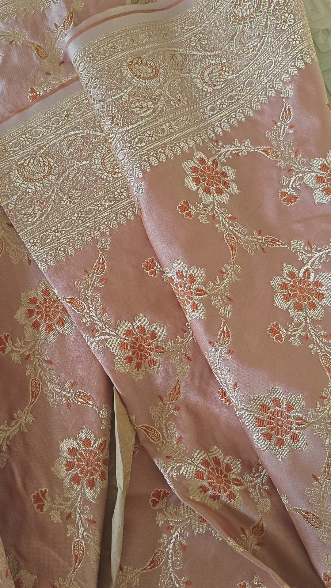 Baby Pink Silk Saree with Dark Floral Jaal