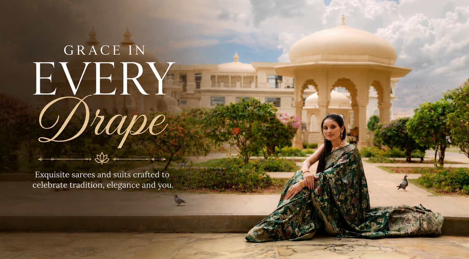 Woman in a saree sitting in front of an architectural structure with text about sarees.